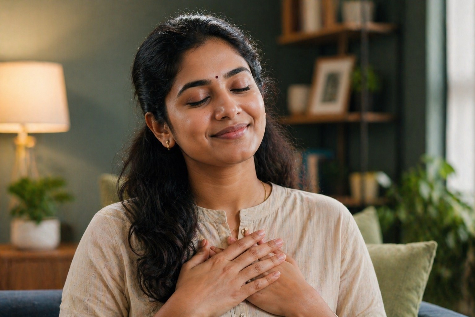 Tamil woman feeling emotionally supported after counseling